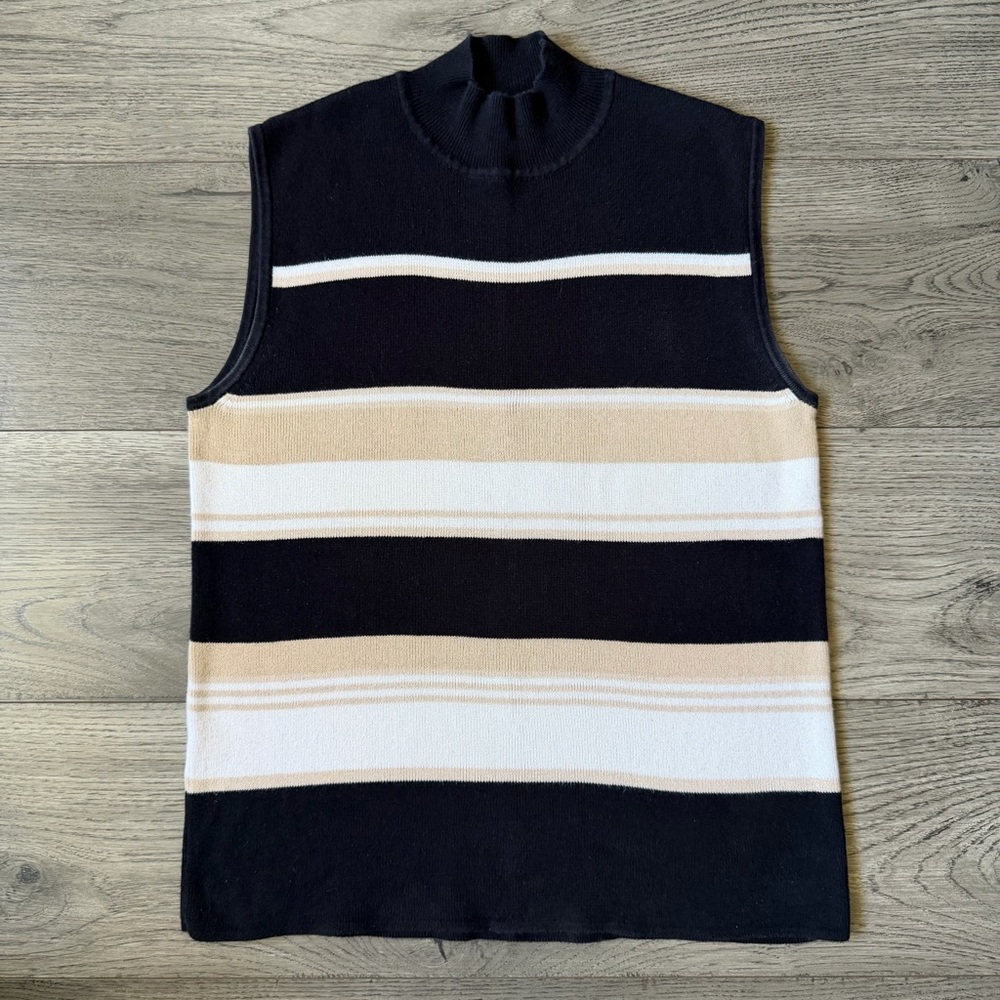 Vintage Sag Harbor Sleeveless Mock Neck Knit Top | Black & Tan‎ Stripes - Size M